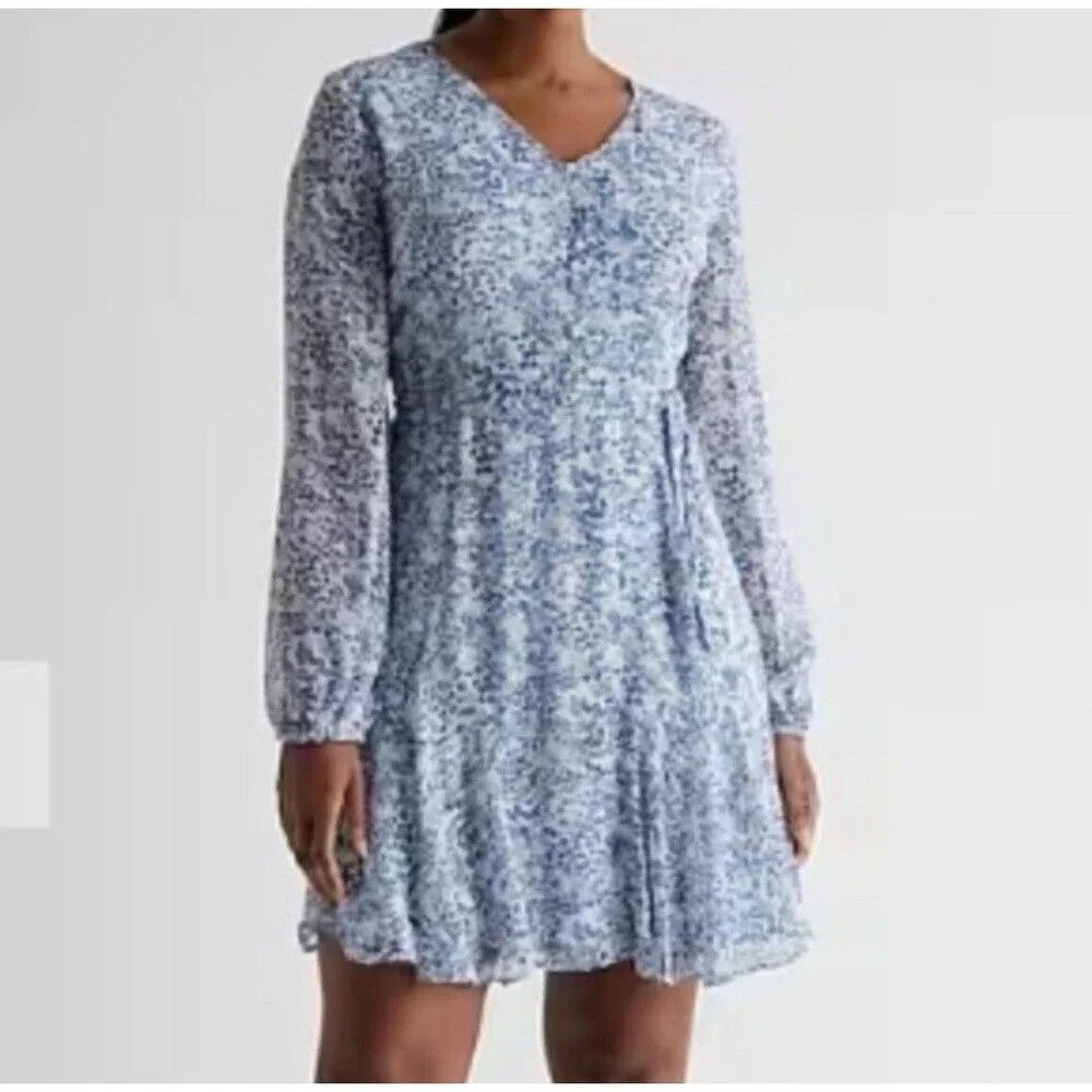 Express Women’s xL Floral Dress Short Tie Waist Blue Chiffon Long Sleeve Girly - Picture 1 of 11